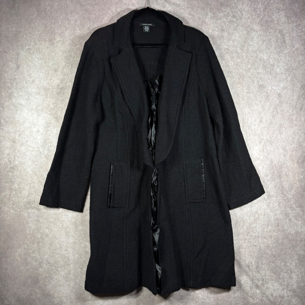 Luciano Dante Coat Womens XL Black Wool Ruffle Trim Open Front Longline Business